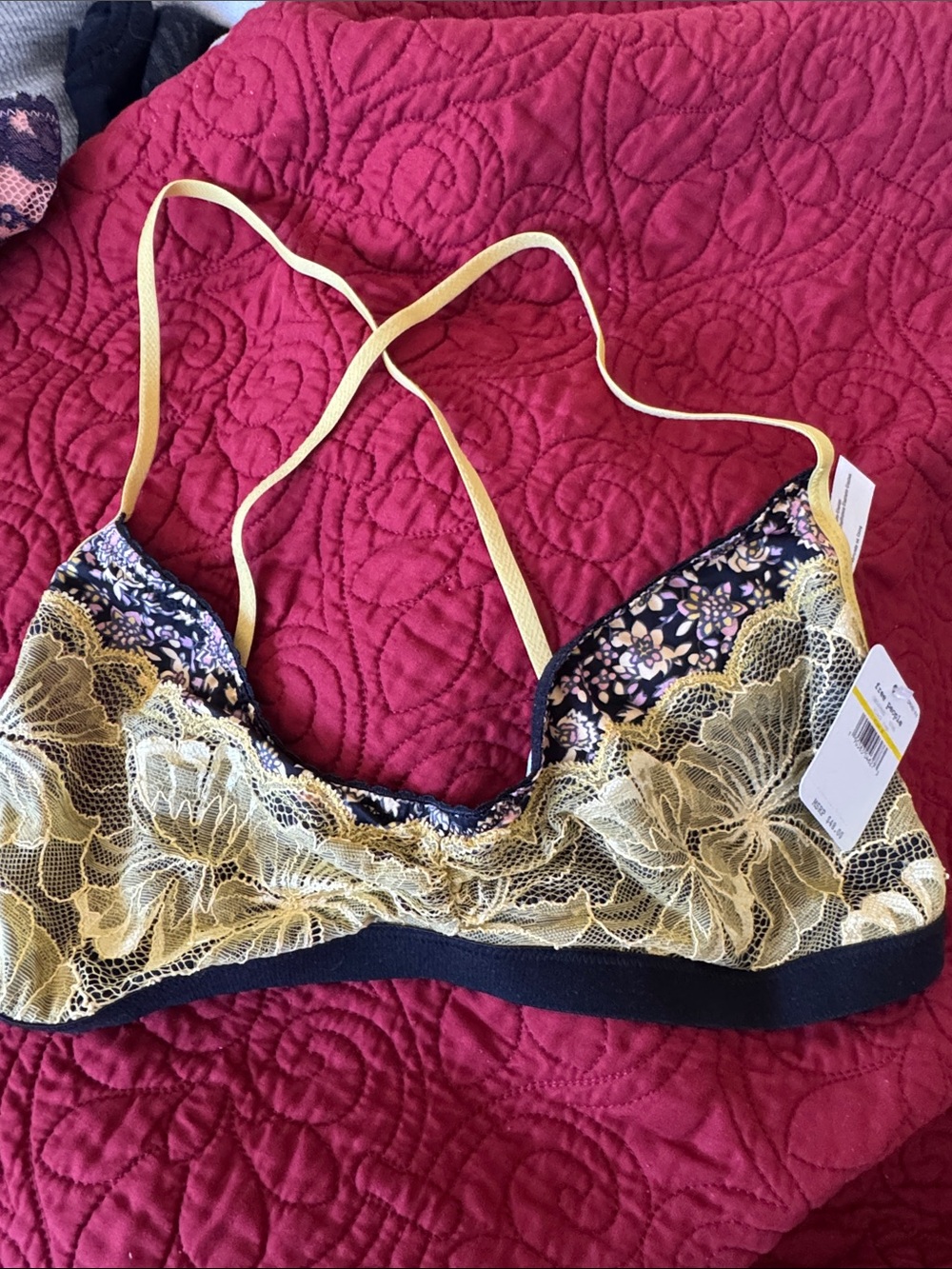 Free People Floral Lace Triangle Bralette in Yellow and Black